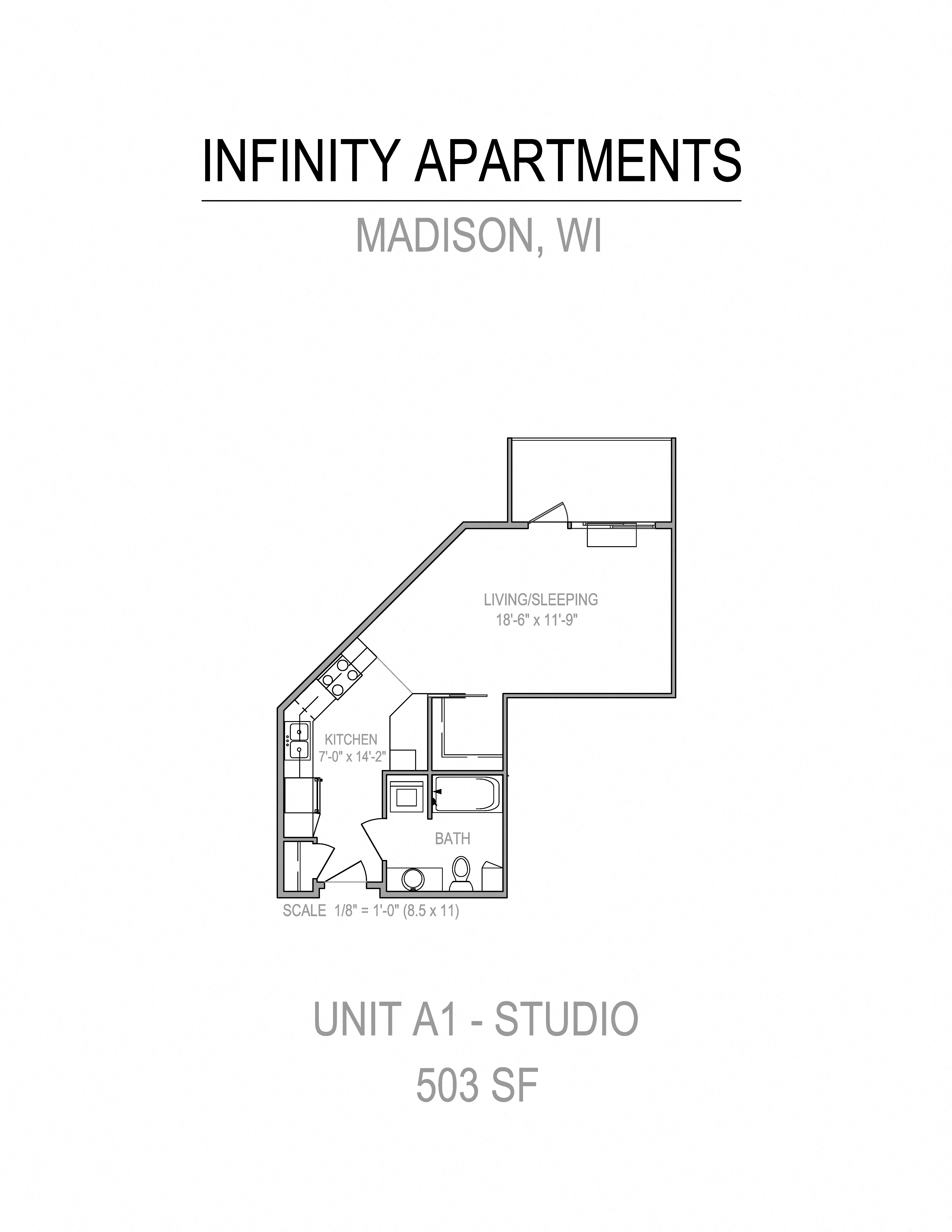 Floor plan for studio, 1 bath, 503 sqft